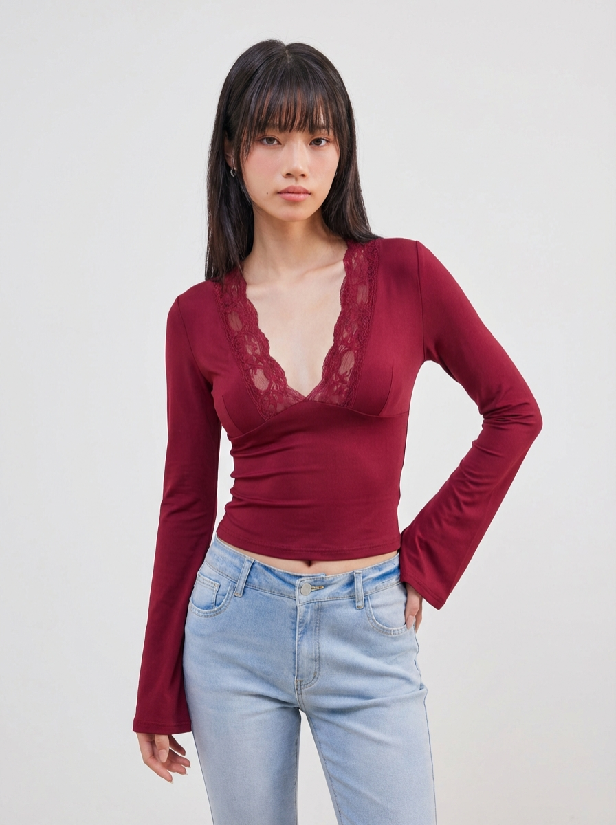 Lace Crop Top Burgundy Seventies Luxe Limited Edition