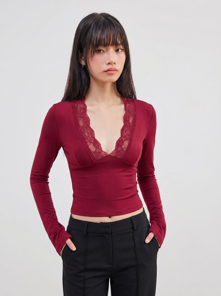 Lace Crop Top Burgundy Seventies Luxe Limited Edition