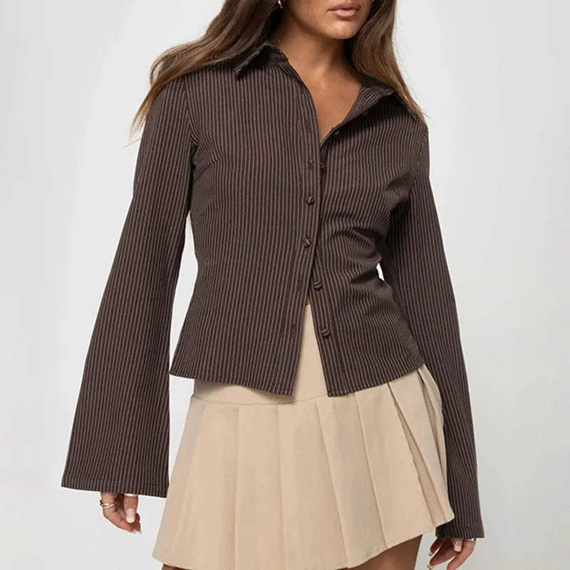 Ribbed Stripe Button-Through Blouse With Long Flared Sleeves And Point Collar Limited Run