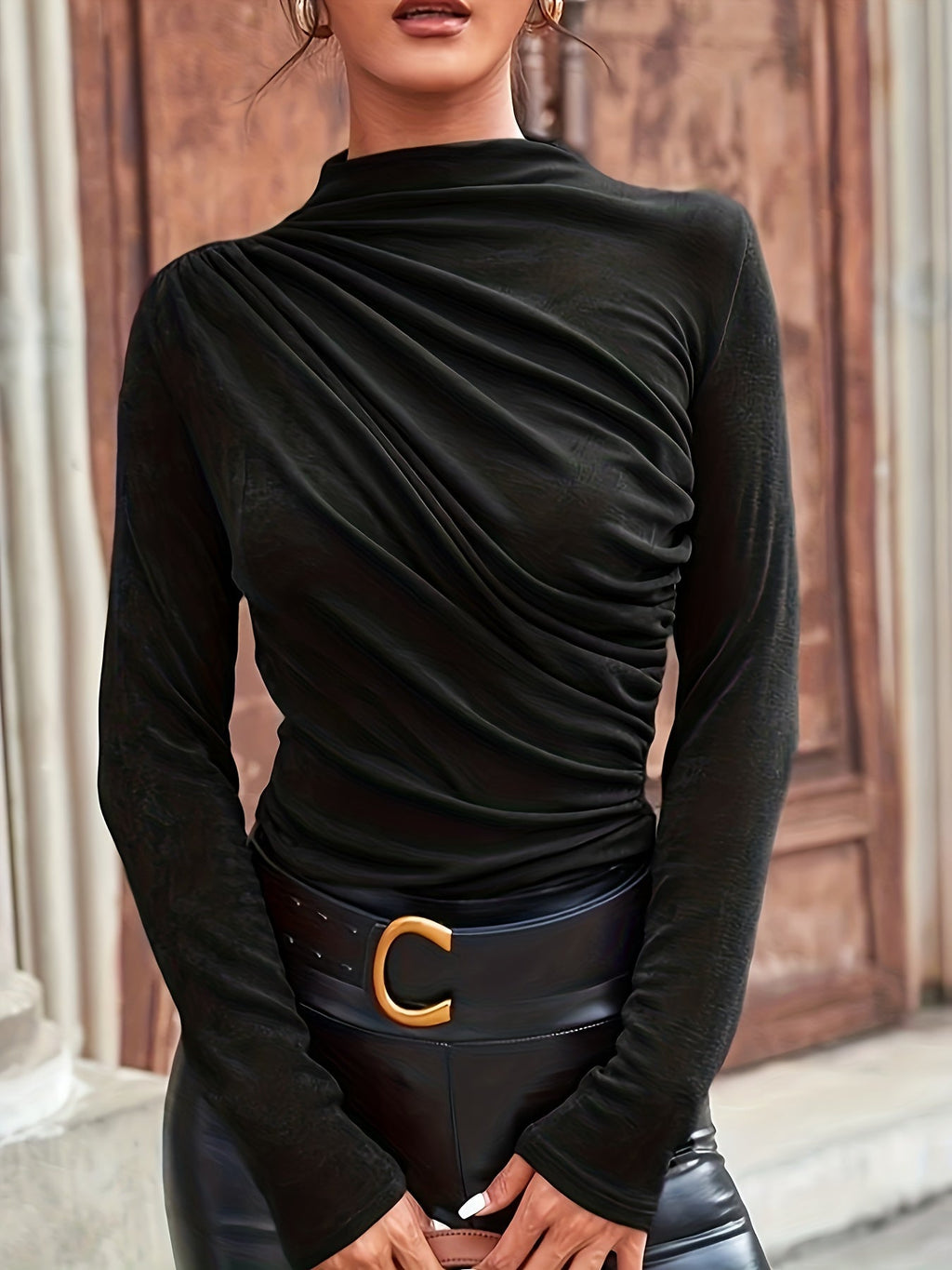 Elijah Ruched Mock Neck Long Sleeve Top Polyester Blend Limited Edition