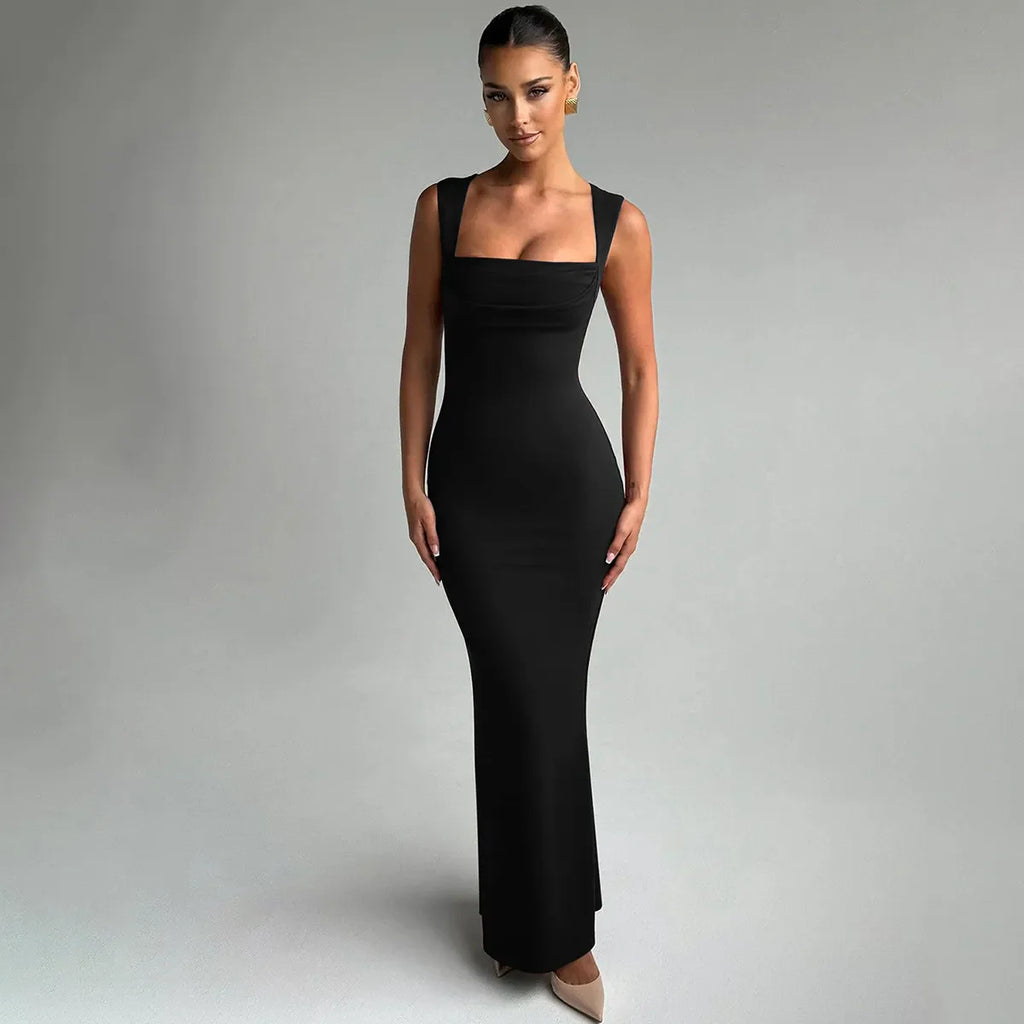 Bodycon Maxi Dress Square Neck Draped Bodice Wide Straps Exclusive Capsule Collection