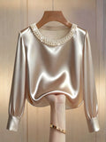 Womens Embellished Satin Bishop Sleeve Blouse With Pearl And Crystal Trim Exclusive