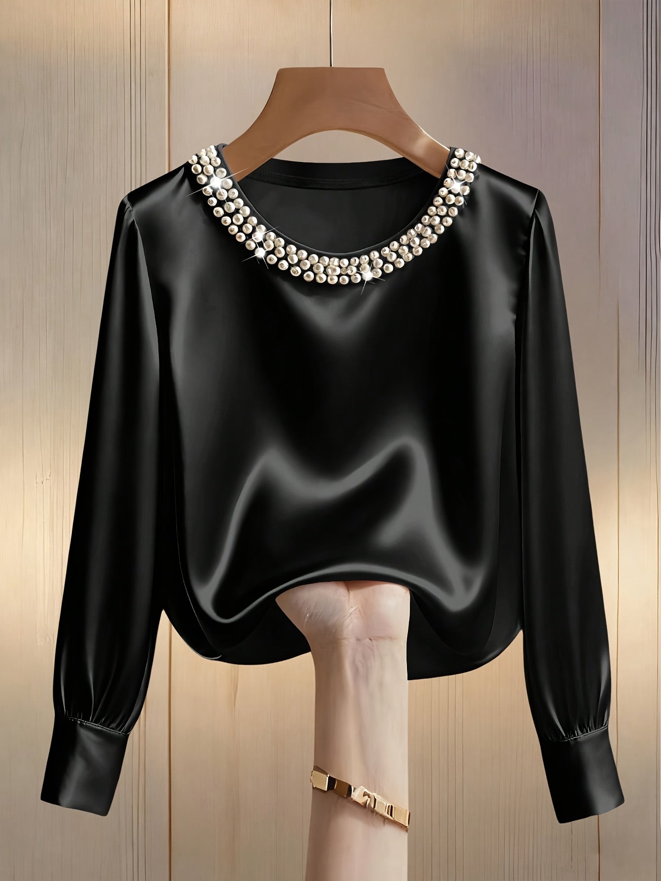 Womens Embellished Satin Bishop Sleeve Blouse With Pearl And Crystal Trim Exclusive