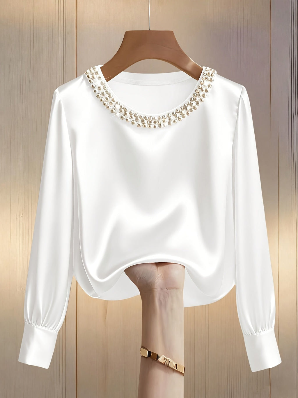 Womens Embellished Satin Bishop Sleeve Blouse With Pearl And Crystal Trim Exclusive