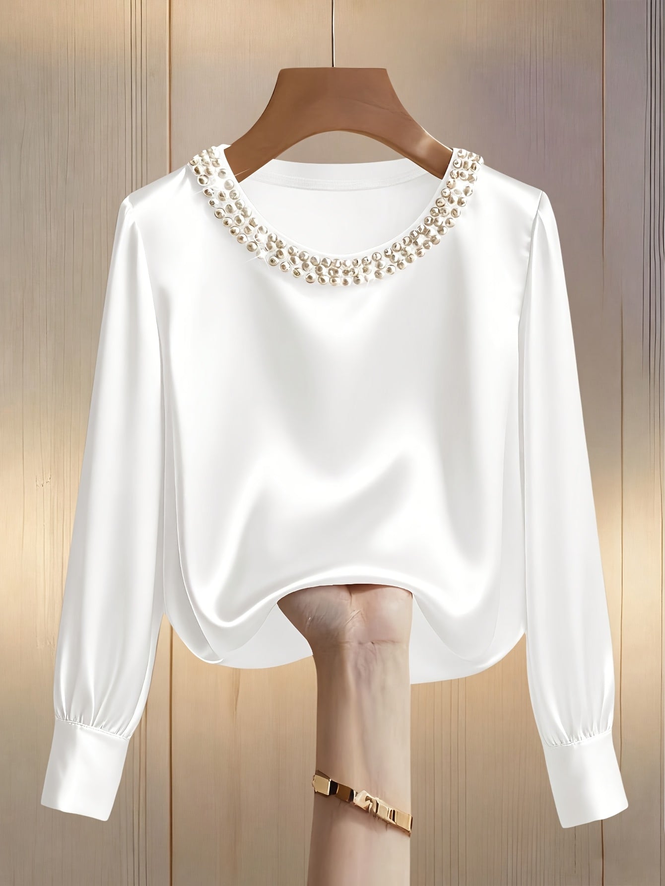 Womens Embellished Satin Bishop Sleeve Blouse With Pearl And Crystal Trim Exclusive