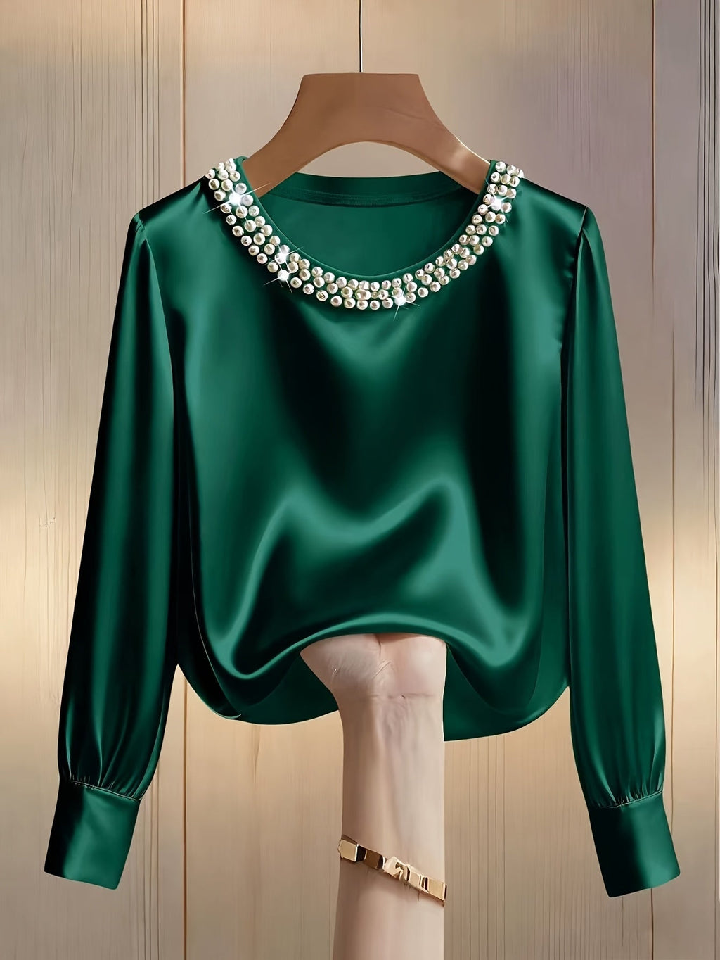 Womens Embellished Satin Bishop Sleeve Blouse With Pearl And Crystal Trim Exclusive