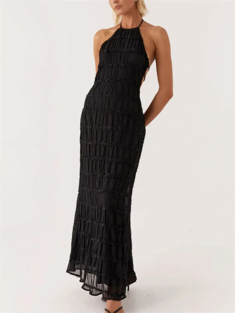 Elite Lace Trim Halter Neck Maxi Dress With Tiered Pleats And Open Back