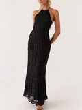 Elite Lace Trim Halter Neck Maxi Dress With Tiered Pleats And Open Back