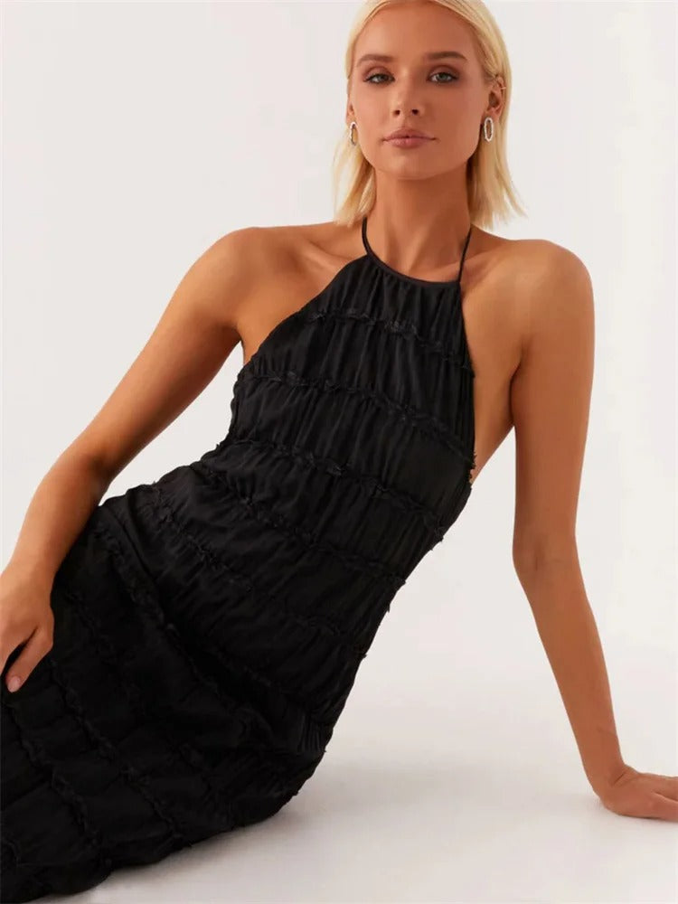 Elite Lace Trim Halter Neck Maxi Dress With Tiered Pleats And Open Back