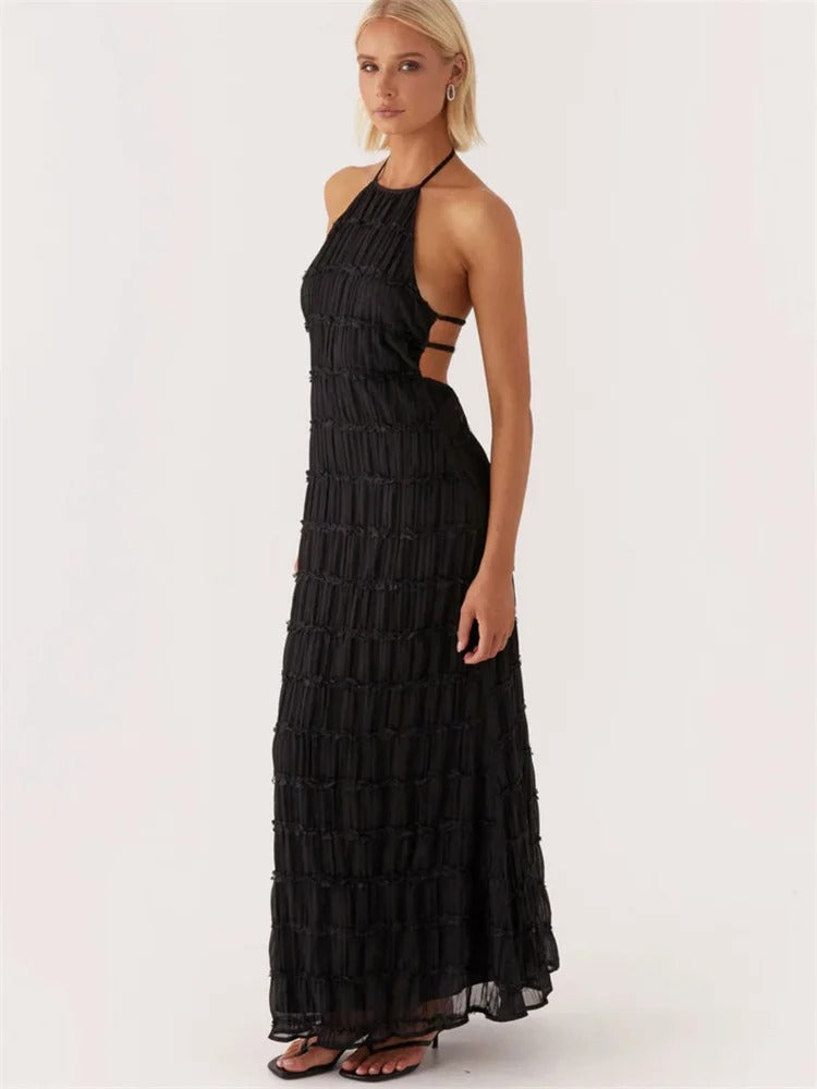 Elite Lace Trim Halter Neck Maxi Dress With Tiered Pleats And Open Back