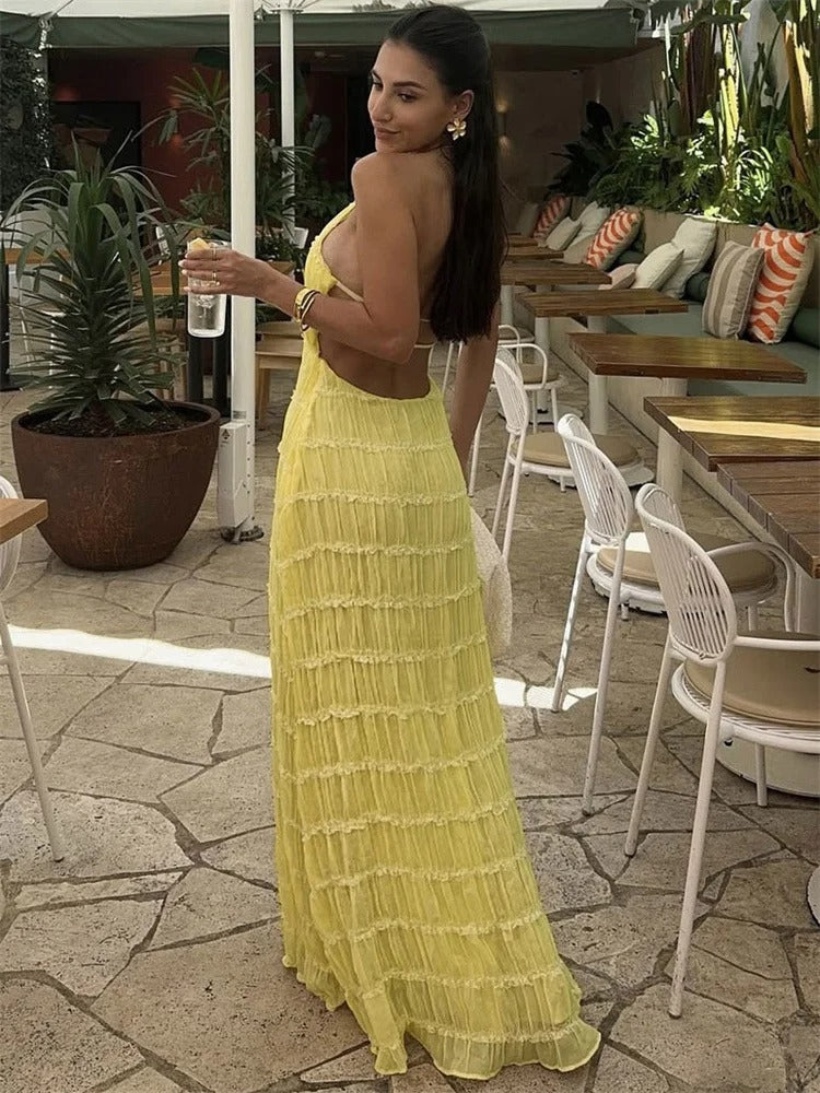 Elite Lace Trim Halter Neck Maxi Dress With Tiered Pleats And Open Back