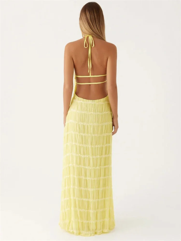 Elite Lace Trim Halter Neck Maxi Dress With Tiered Pleats And Open Back