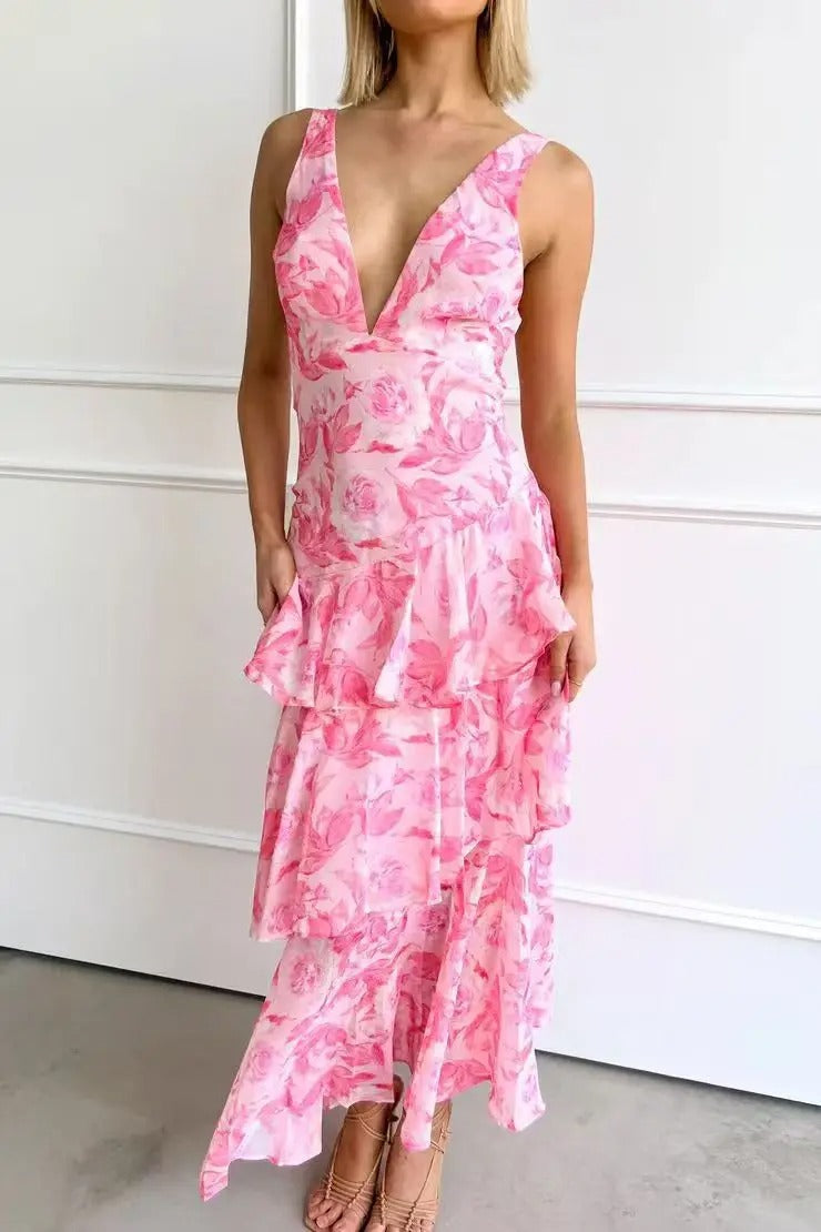 Elegant Tiered Maxi Dress V Neck Open Back Straps Signature Floral Collection