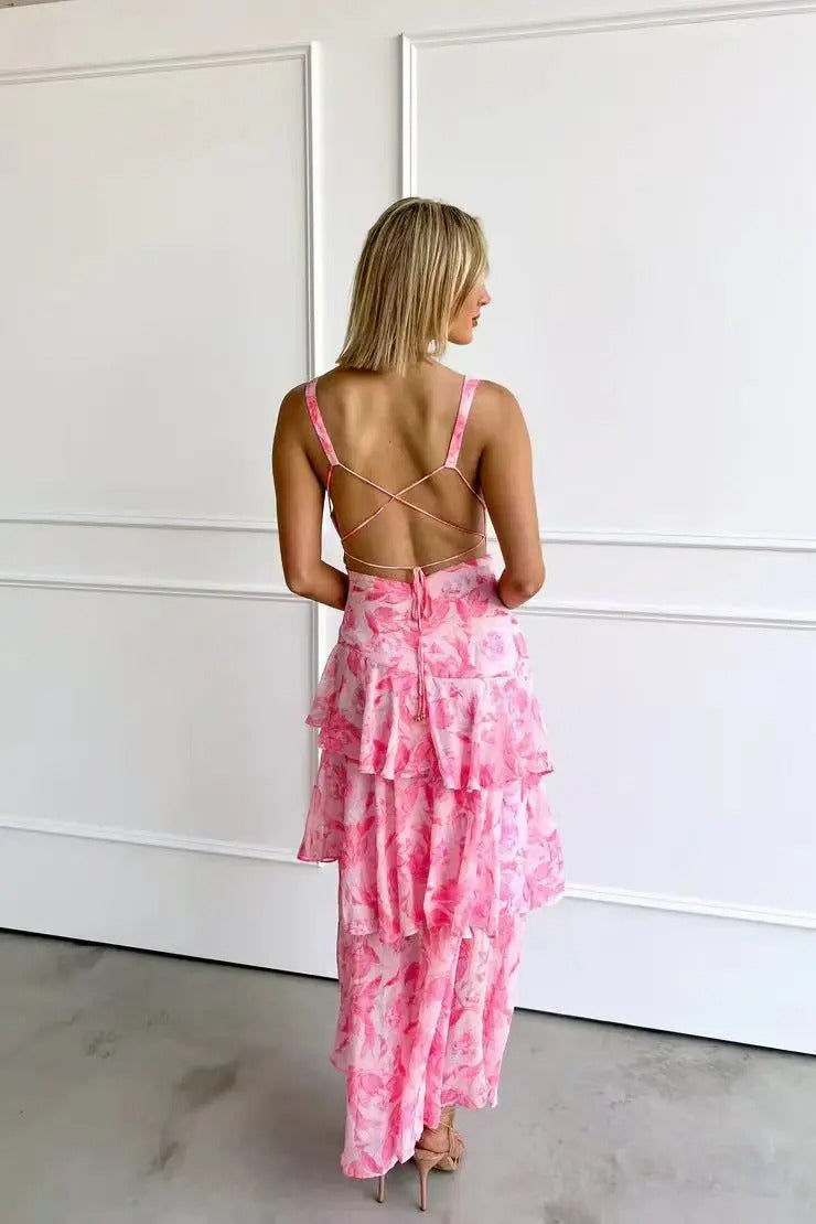 Elegant Tiered Maxi Dress V Neck Open Back Straps Signature Floral Collection