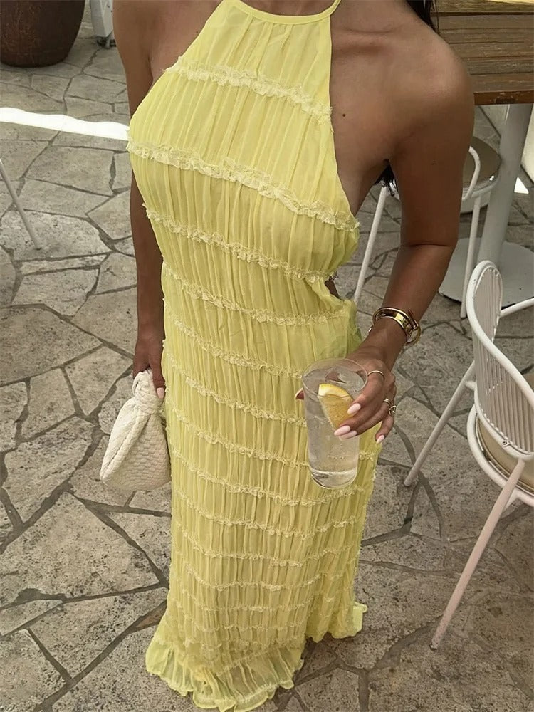 Elite Lace Trim Halter Neck Maxi Dress With Tiered Pleats And Open Back