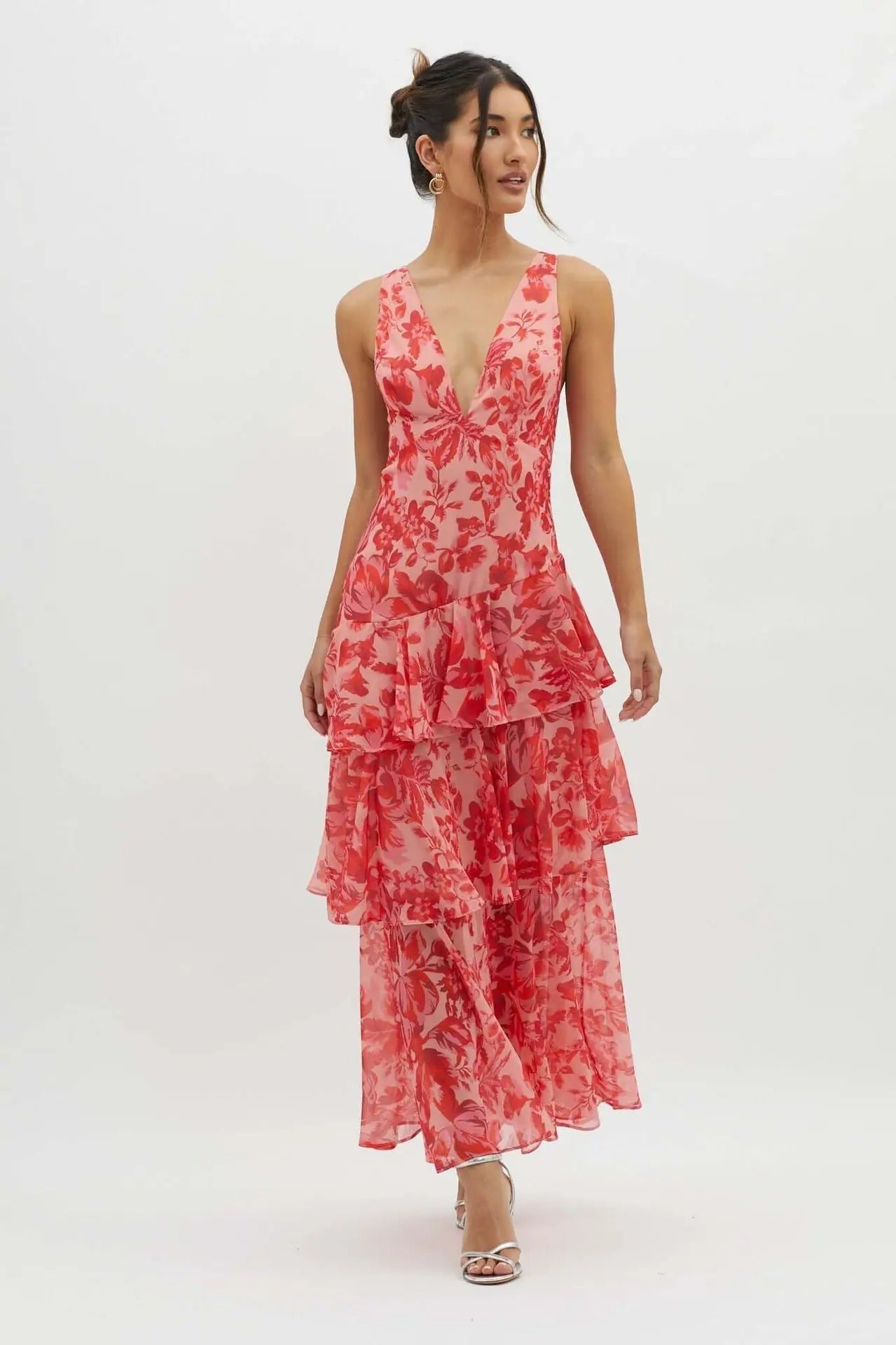Elegant Tiered Maxi Dress V Neck Open Back Straps Signature Floral Collection