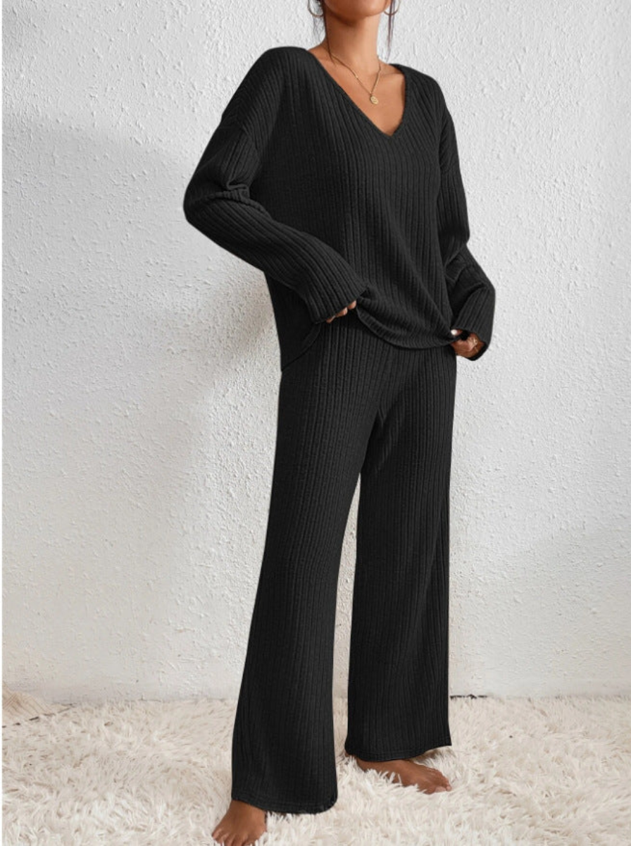 Ribbed Knit Luxe Lounge Set V Neck Top Wide Leg Pants Limited Edition Collection