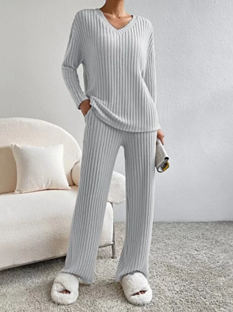 Ribbed Knit Luxe Lounge Set V Neck Top Wide Leg Pants Limited Edition Collection