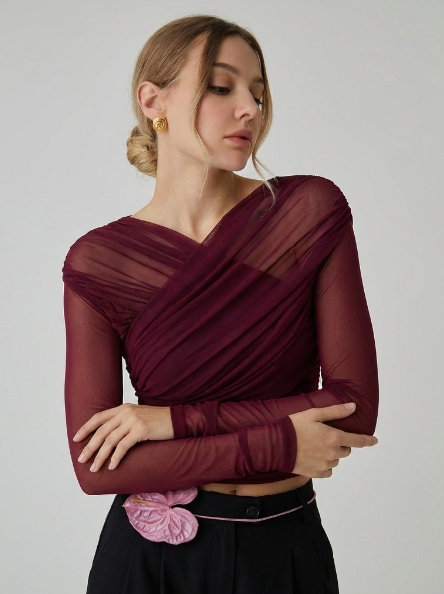 Lux Mesh Ruched Long Sleeve Top Limited Edition Couture Editorial Capsule