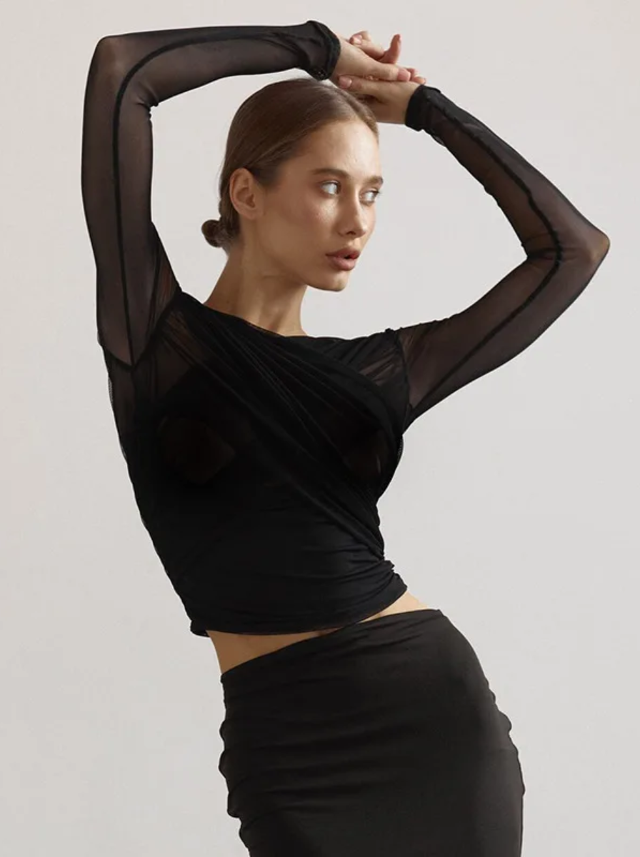 Lux Mesh Ruched Long Sleeve Top Limited Edition Couture Editorial Capsule
