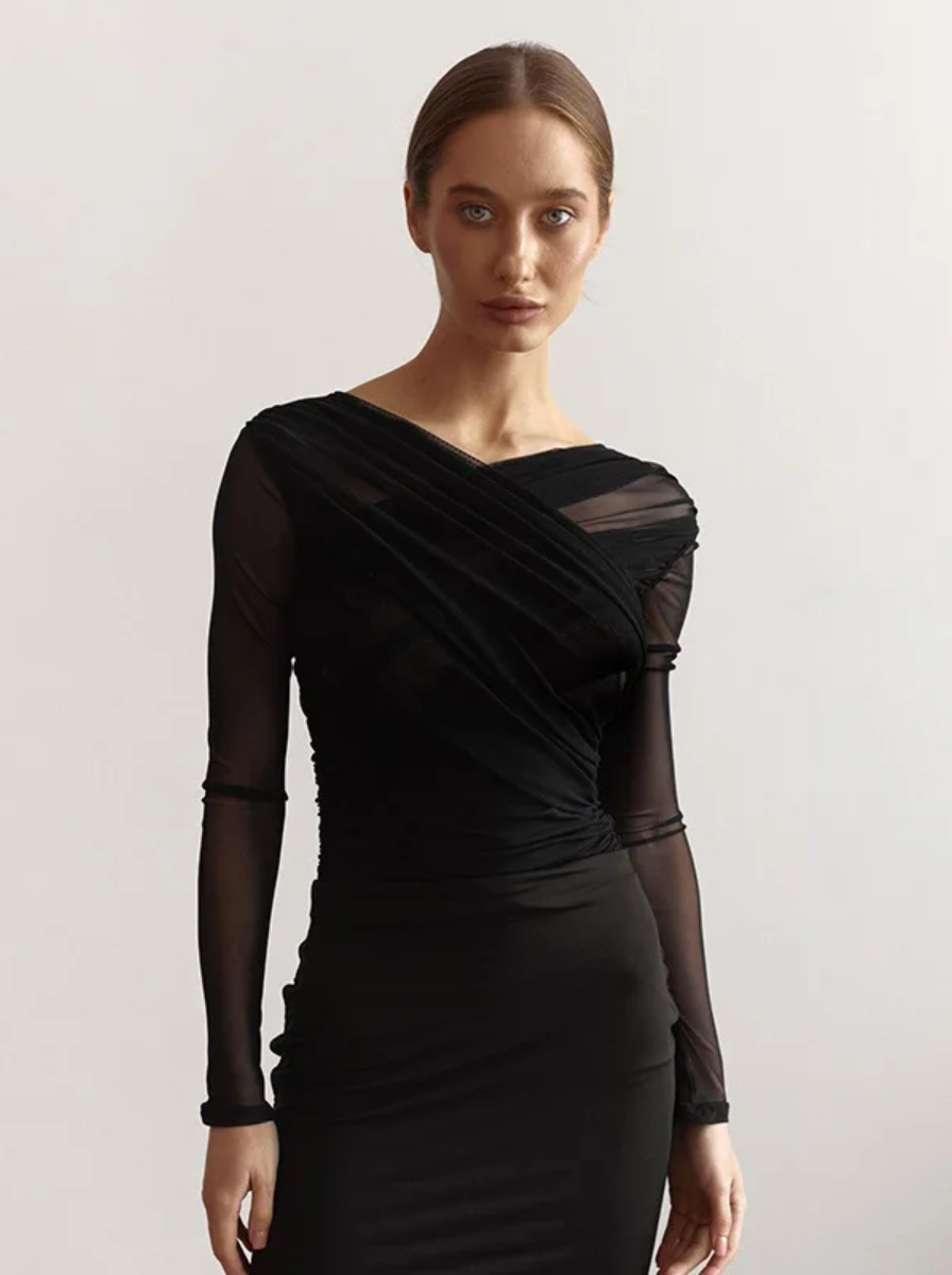 Lux Mesh Ruched Long Sleeve Top Limited Edition Couture Editorial Capsule