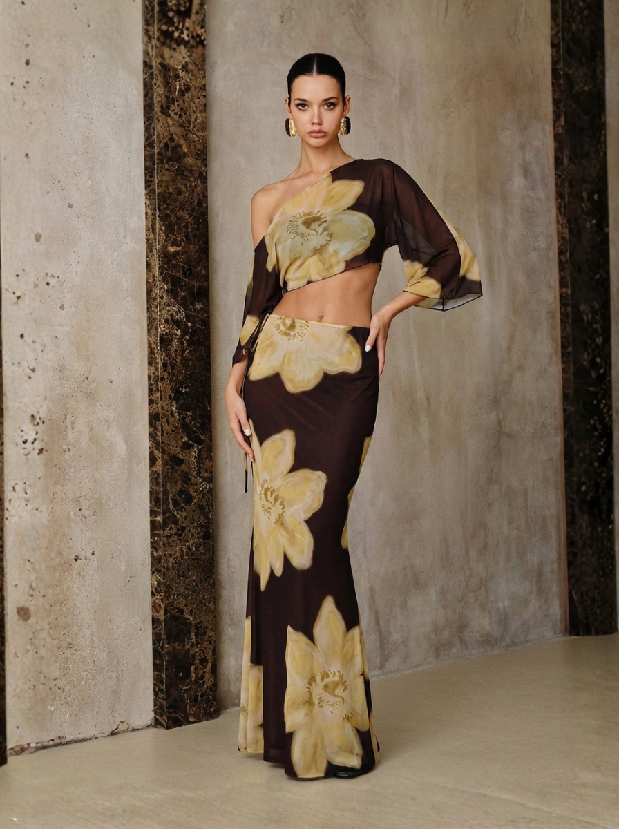Couture Collection One Shoulder Top And Flowing Skirt Two Piece Set Exclusive